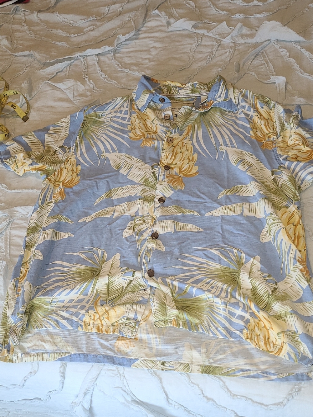 Island Republic Light Blue Button-Down with Yellow Tropical Print 100% Silk